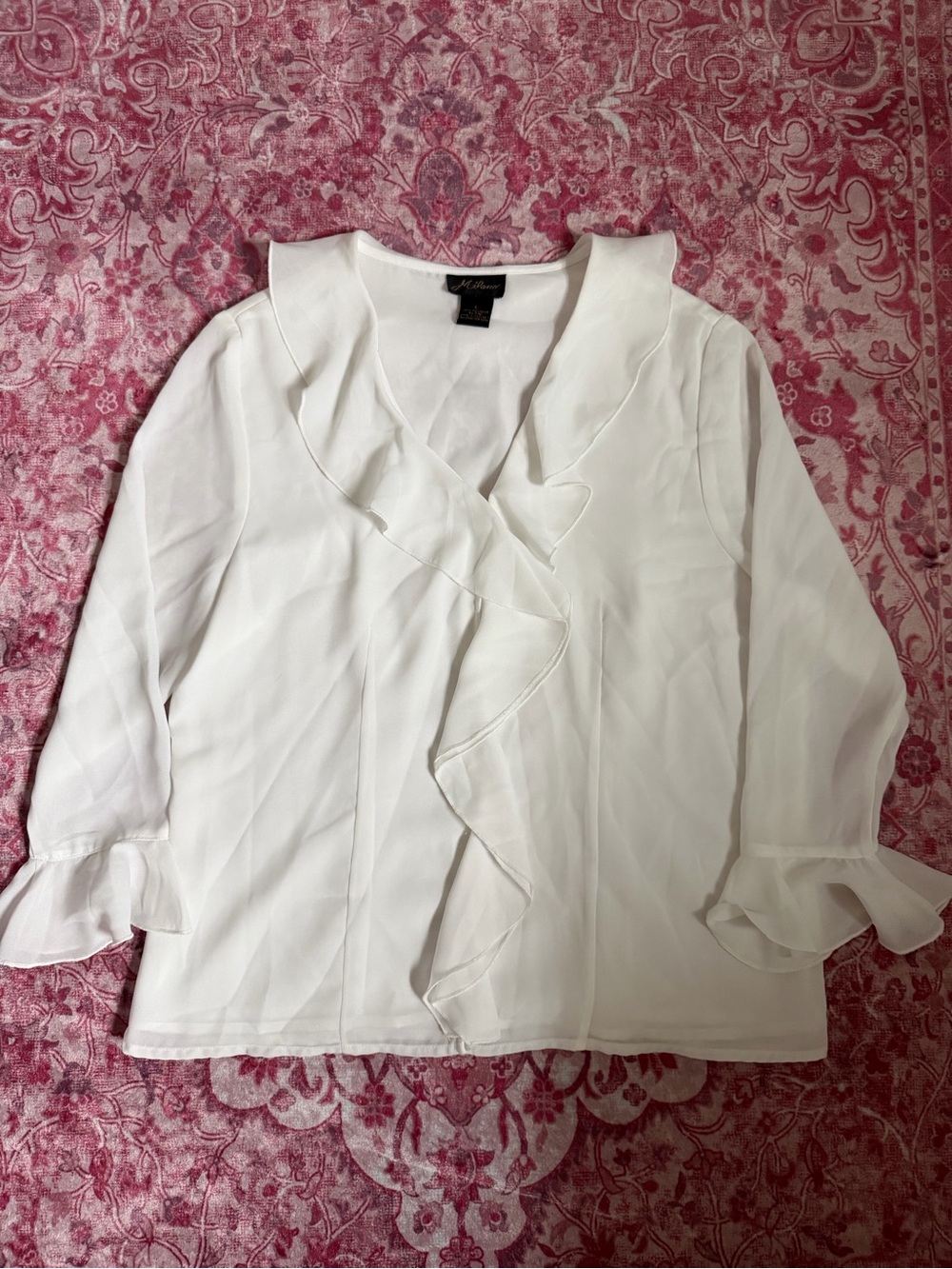 Milano White Ruffle-Front V-Neck Blouse